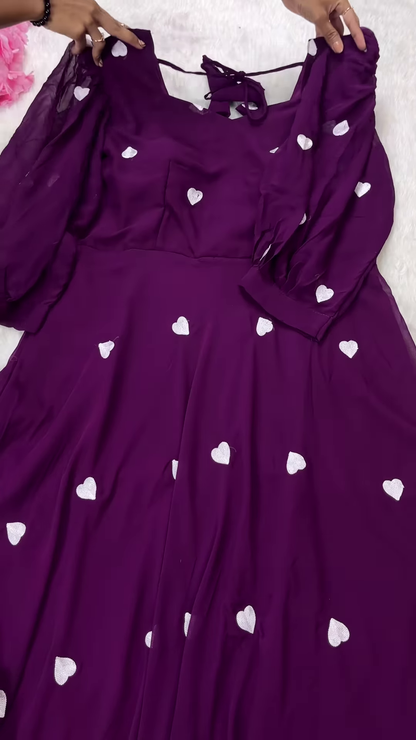 Deep Plum Purple Anarkali Gown with All-Over White Heart Sequin Embroidery - Whimsical Party Wear