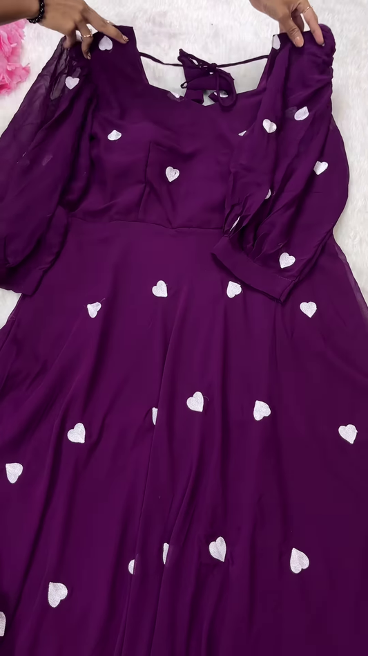 Deep Plum Purple Anarkali Gown with All-Over White Heart Sequin Embroidery - Whimsical Party Wear