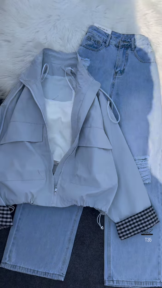 Utility Zip-Up Windbreaker with Straight-Cut Ripped Jeans – Urban Cool Look for Everyday Wear