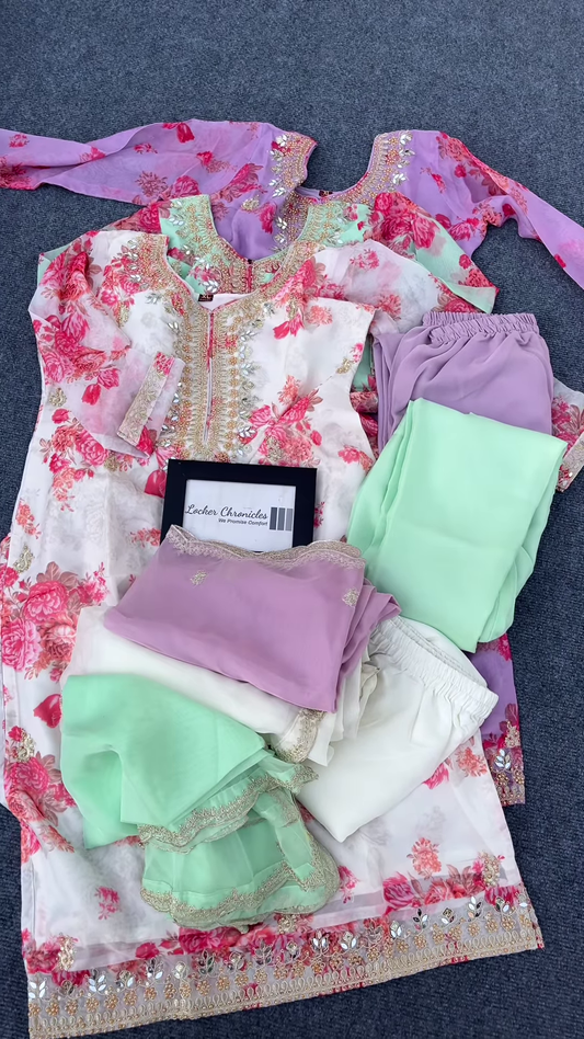 Lavender Floral Printed Kurti with Golden Embroidery – Festive & Ethnic Wear for Women