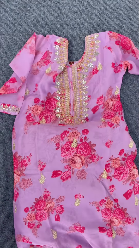 Lavender Floral Printed Kurti with Golden Embroidery – Festive & Ethnic Wear for Women