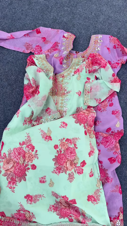 Lavender Floral Printed Kurti with Golden Embroidery – Festive & Ethnic Wear for Women