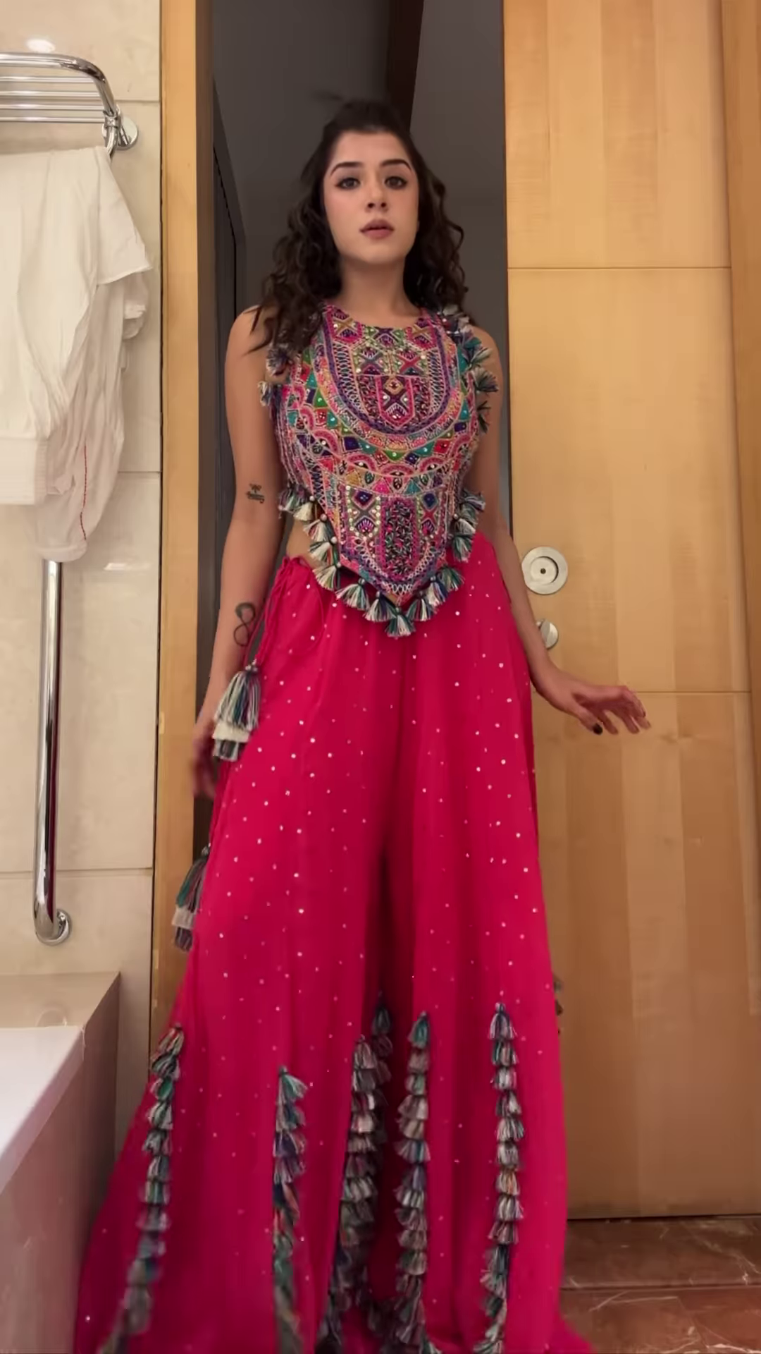 Mirror Work Tassel Embellished Crop Top & Sharara Set – Vibrant Navratri & Garba Look for Festive Nights