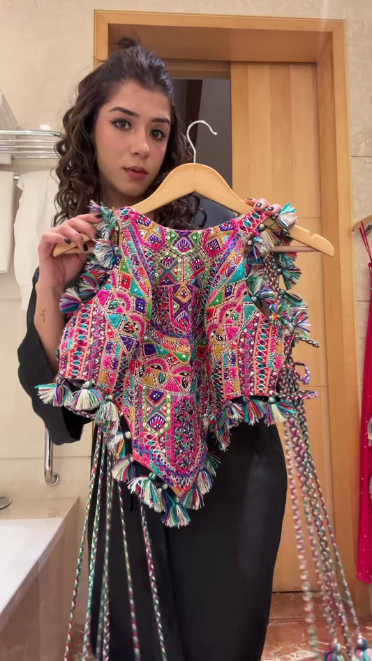 Mirror Work Tassel Embellished Crop Top & Sharara Set – Vibrant Navratri & Garba Look for Festive Nights