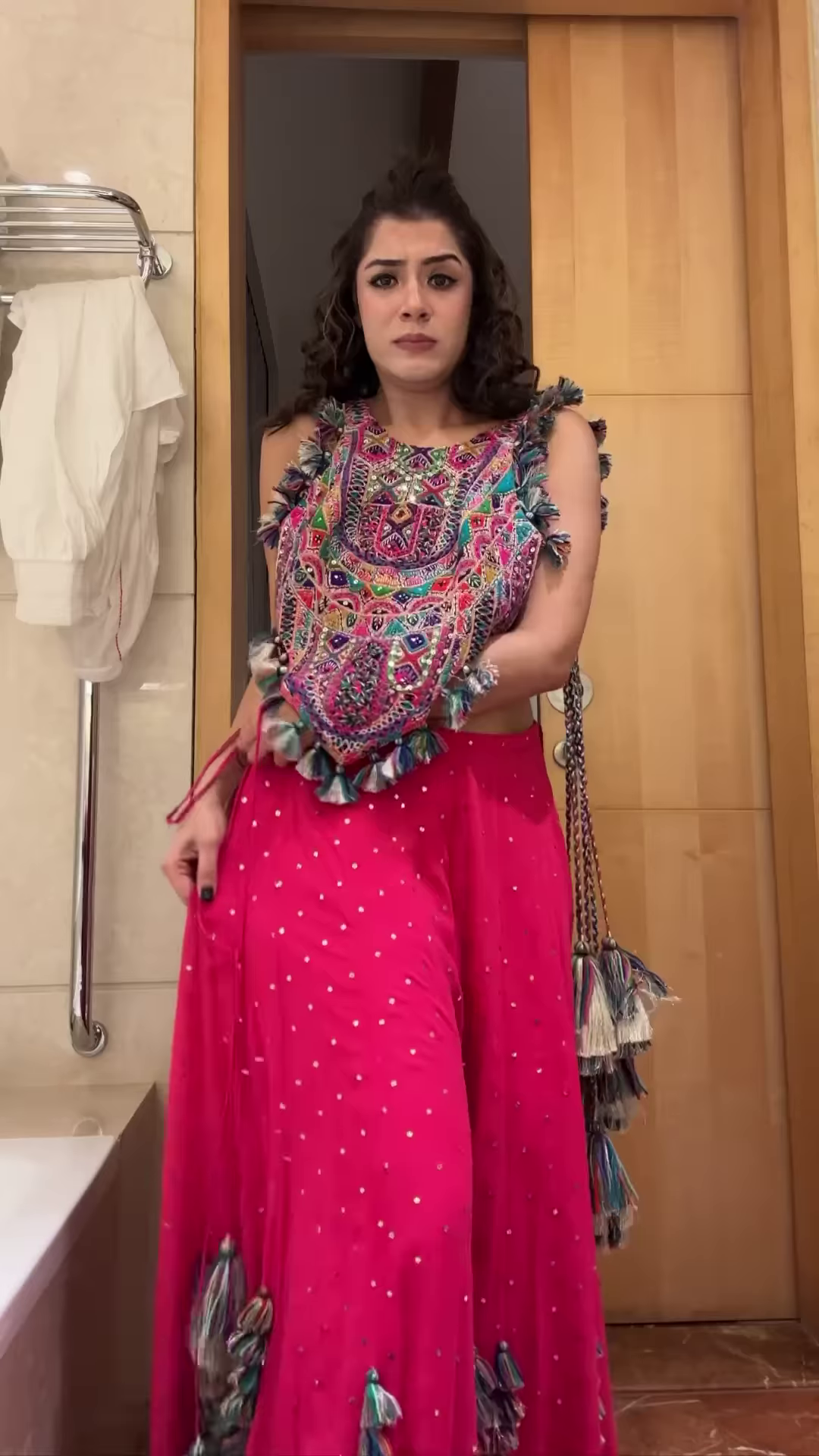 Mirror Work Tassel Embellished Crop Top & Sharara Set – Vibrant Navratri & Garba Look for Festive Nights