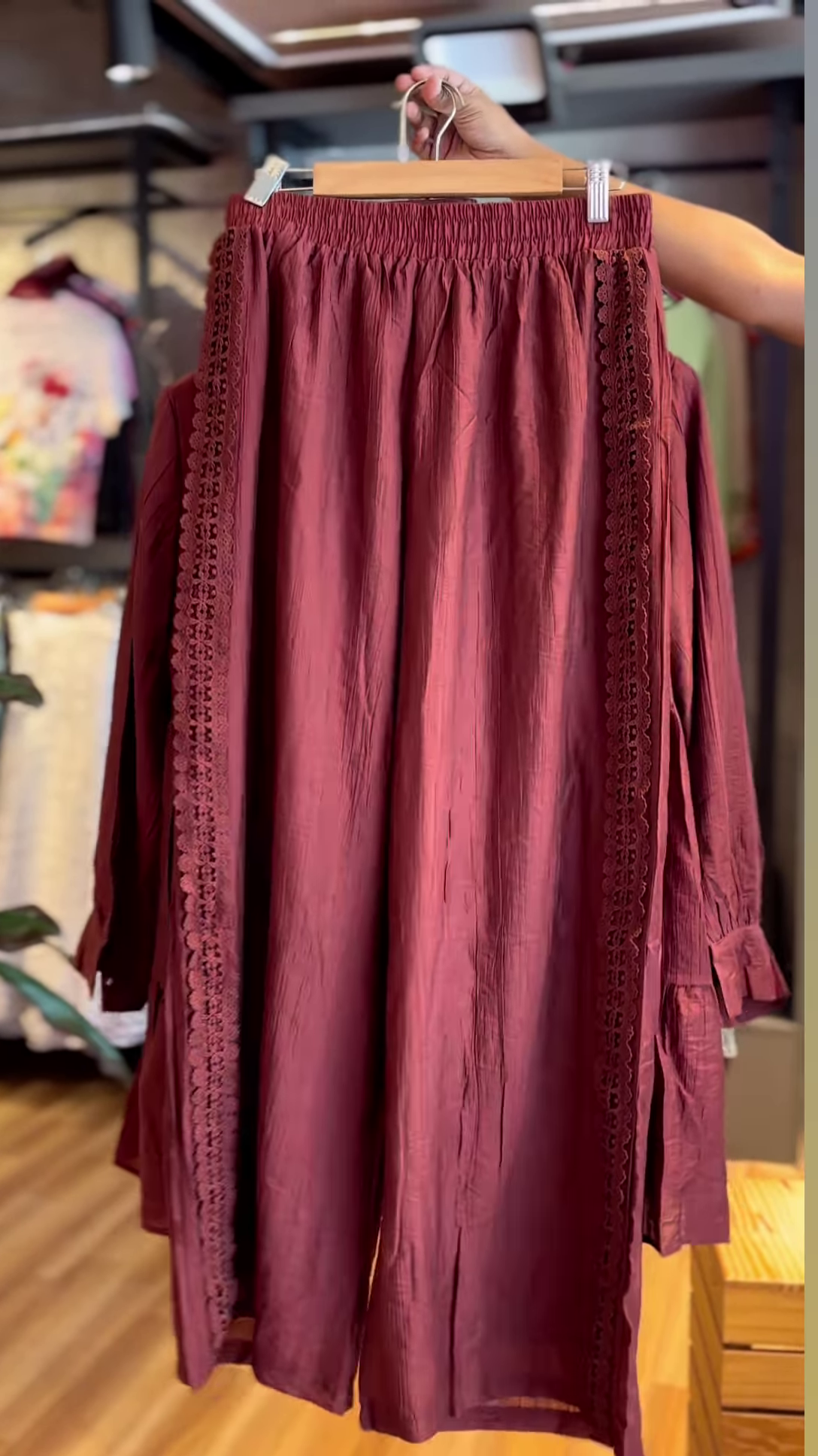 Elegant Maroon Co-ord Set with Delicate Lace Details – Stylish Women’s Top and Bottoms