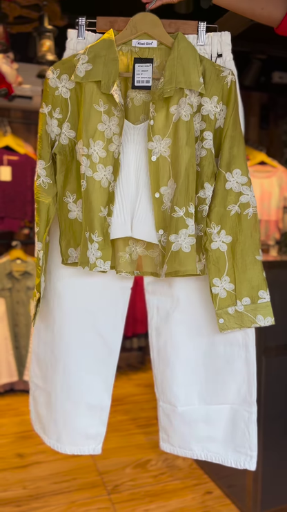 Elegant Olive Green Floral Embroidered Shirt & White Trousers Co-ord Set – Chic Women’s Resort Wear