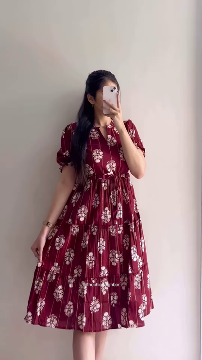 Elegant Printed Tiered Dress for Women – Stylish Maroon & White Midi Dress – Available in 6 Colors