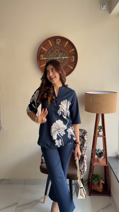 Elegant Navy Blue Floral Print Co-ord Set – Stylish Women’s Top and Trousers Outfit