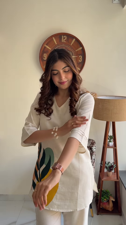 Elegant Navy Blue Floral Print Co-ord Set – Stylish Women’s Top and Trousers Outfit