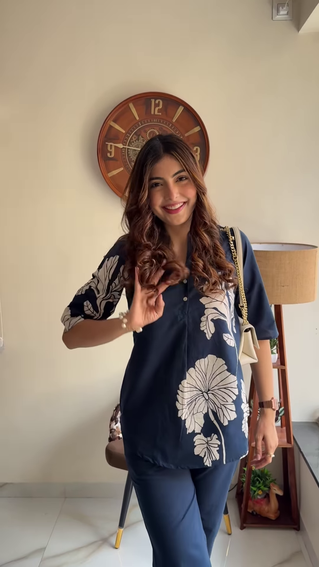 Elegant Navy Blue Floral Print Co-ord Set – Stylish Women’s Top and Trousers Outfit