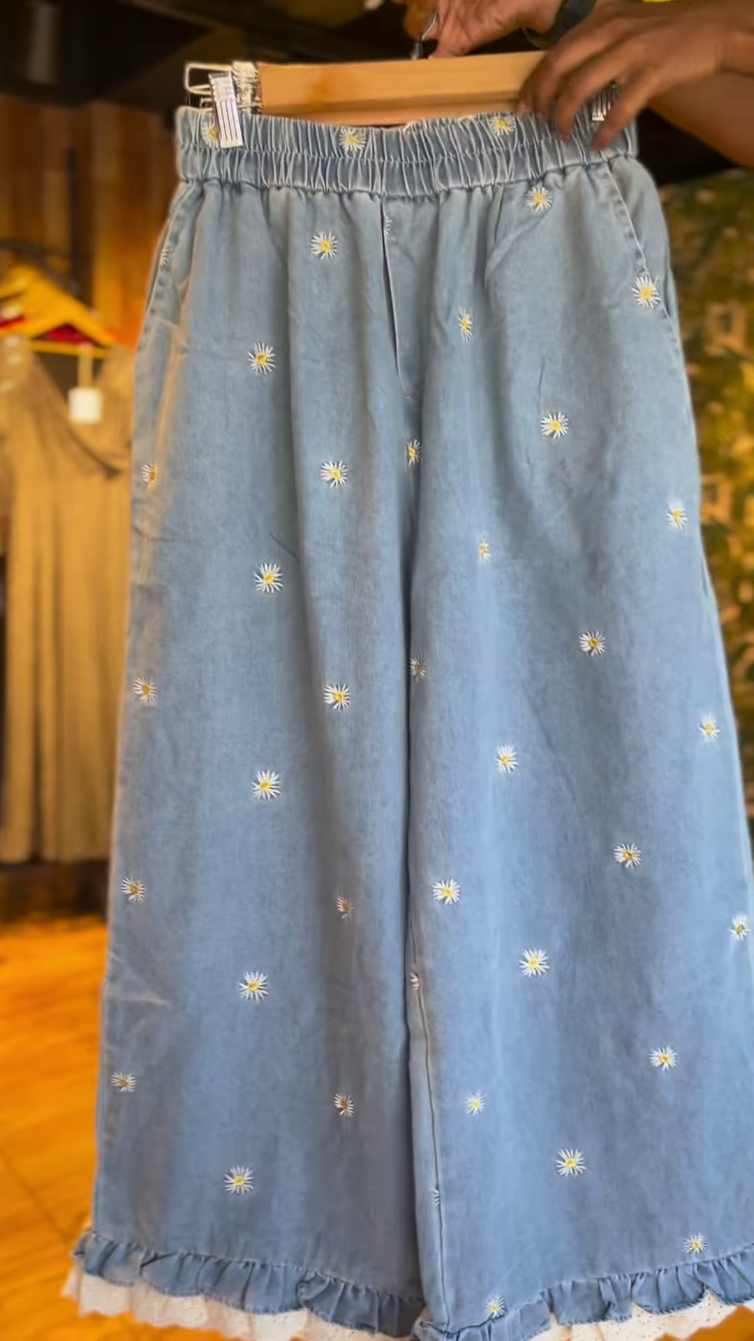 Playful Denim Wide-Leg Trousers with Colorful Flower Appliques & Lace Trim – Women’s Unique Bottoms