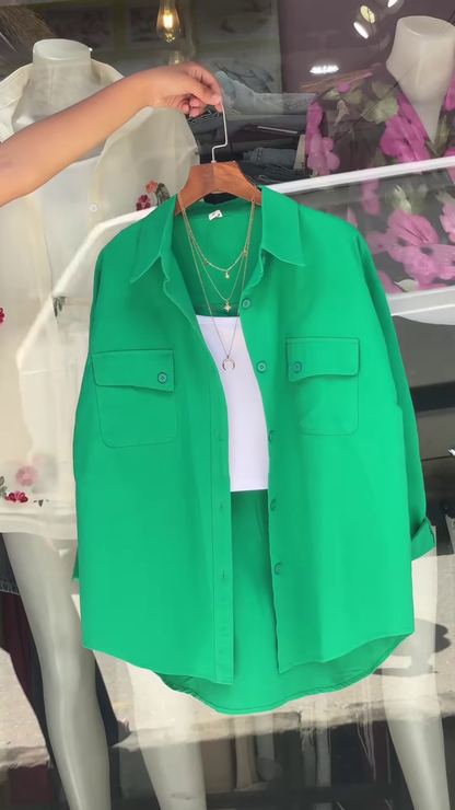 Vibrant Green Oversized Button-Down Shirt – Women’s Stylish Casual Top with Pockets