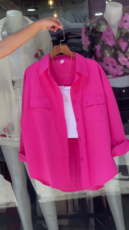 Vibrant Green Oversized Button-Down Shirt – Women’s Stylish Casual Top with Pockets