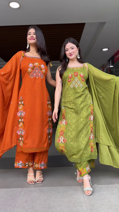 Vibrant Embroidered Ethnic Sets for Women – Orange & Olive Green Festive Wear