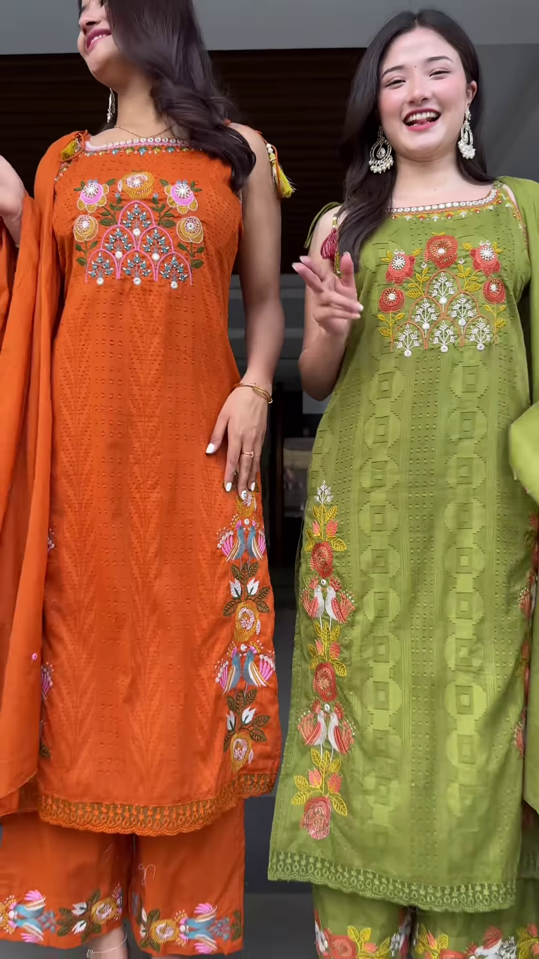 Vibrant Embroidered Ethnic Sets for Women – Orange & Olive Green Festive Wear