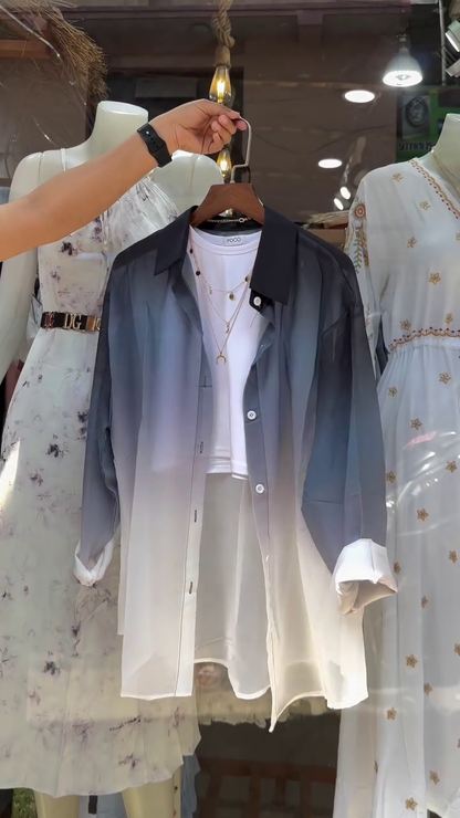 Women’s Gradient Purple-White Button-Up Shirt with Layered Necklace and Crop Top – Trendy Street Style