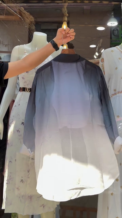 Women’s Gradient Purple-White Button-Up Shirt with Layered Necklace and Crop Top – Trendy Street Style