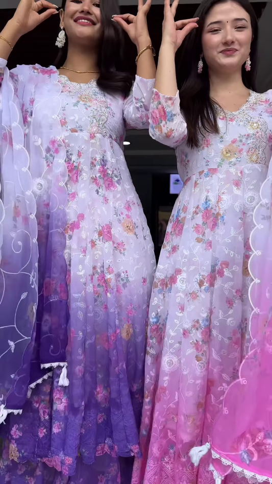 Women’s Gradient Embroidered Flared Maxi Dress – Ethnic Floral Festival Wear (Pink & Purple Variants)