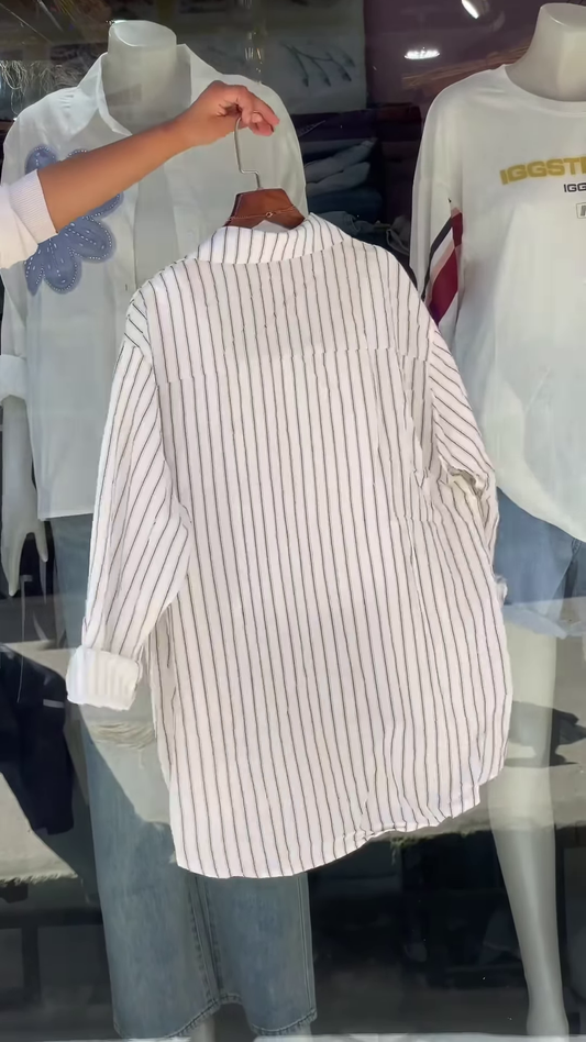 Women’s Statement Layered Streetwear Ensemble – Floral Print Shirt, Bold Sleeve Tee & Striped Button-Up