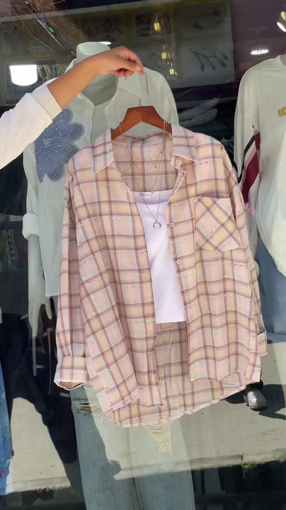 Women’s Pink & White Checkered Overshirt with White Tank Layer – Casual Street Style with Celestial Necklace Accent