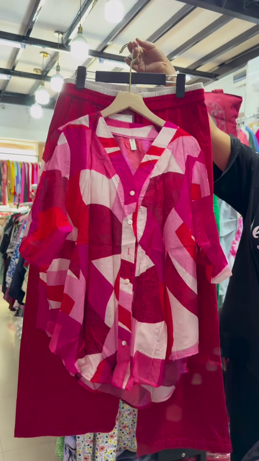 Unisex Geometric Print Button-Up Shirt with Solid Green Skirt – Contemporary Streetwear Fusion