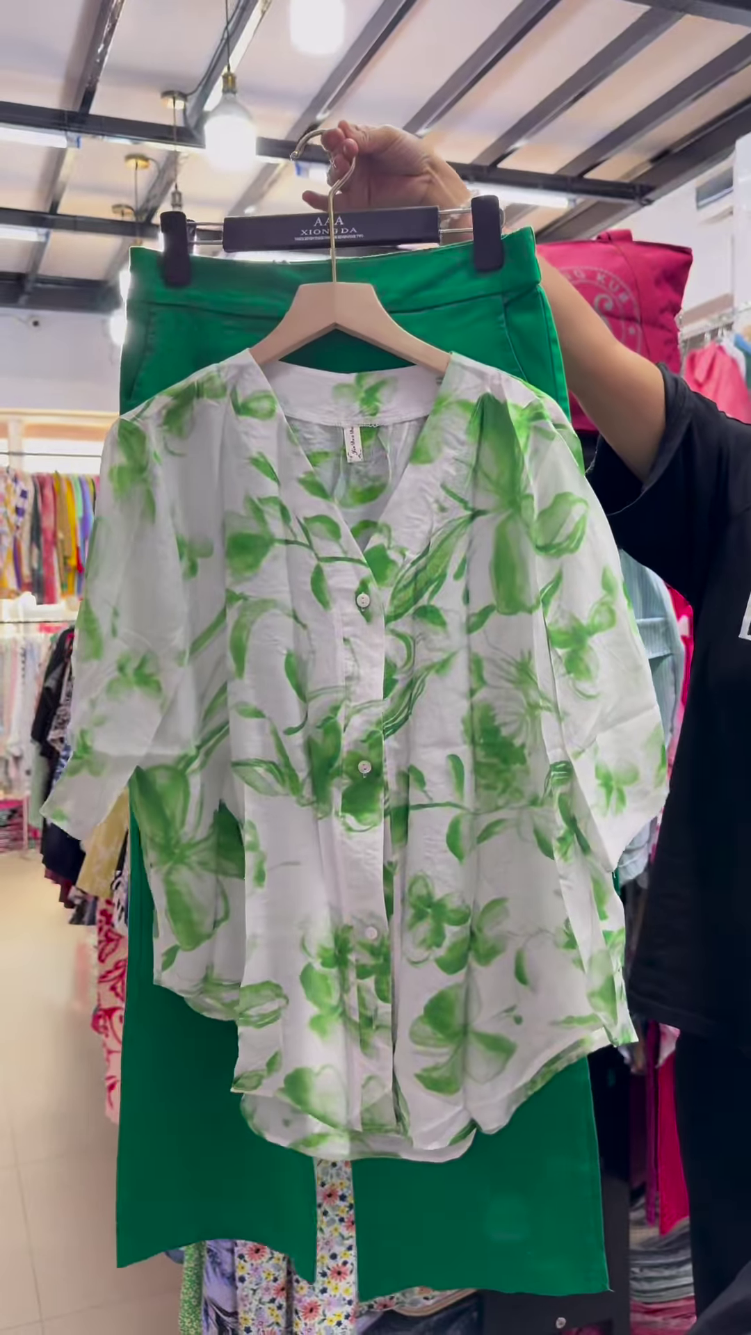 Unisex Geometric Print Button-Up Shirt with Solid Green Skirt – Contemporary Streetwear Fusion