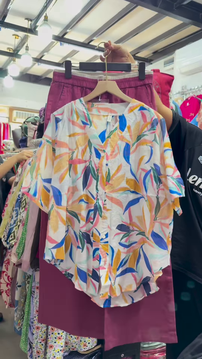 Unisex Geometric Print Button-Up Shirt with Solid Green Skirt – Contemporary Streetwear Fusion