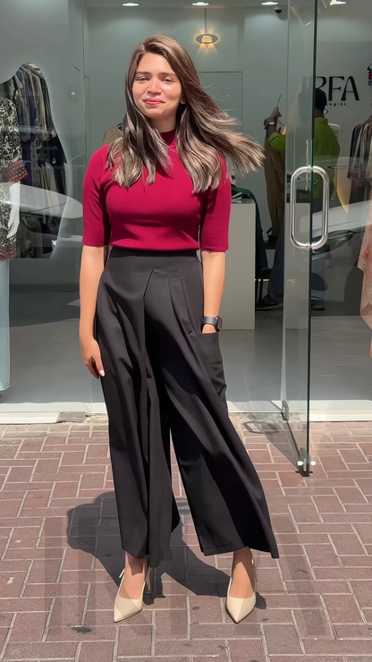 Women’s Mustard Short Sleeve T-Shirt with White Wide-Leg Pants – Minimalist Streetwear Look