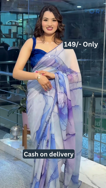 Women’s Abstract Blue-Purple Printed Saree with Solid Blouse – Lightweight Everyday Ethnicwear