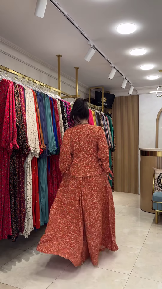 Women’s Red Floral Printed Co-Ord Set – Long-Sleeve Top with Wide-Leg Trousers for Casual Ethnicwear