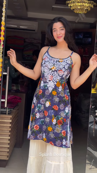 Women’s Red Sleeveless Embroidered Kurti with Cream Wide-Leg Bottom – Elegant Boutique Ethnic Ensemble