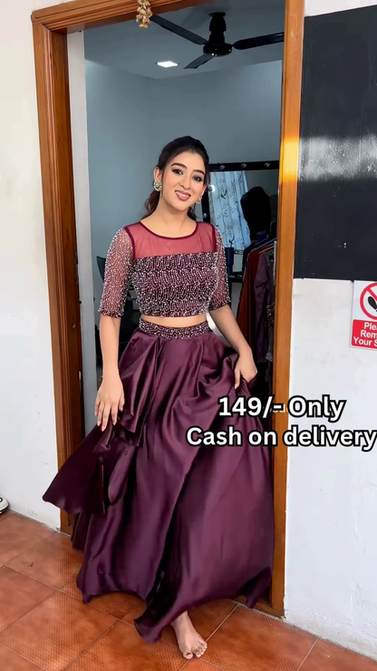 Women’s Red Embroidered Skirt Top Set with Traditional Earrings – Ethnic Doorway Portrait Ensemble