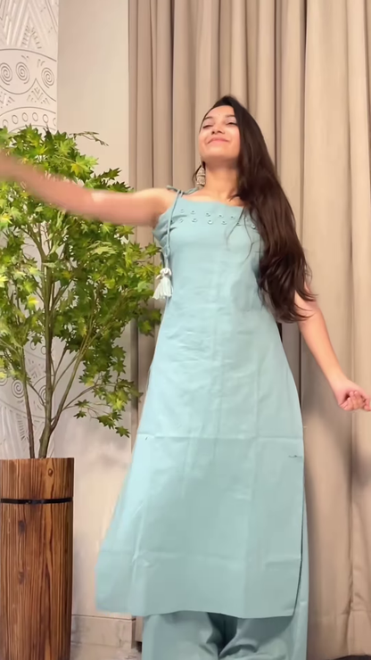 Women’s Teal Sleeveless Kurta Pant Set with Tassel Straps – Elegant Indo-Western Ethnic Ensemble