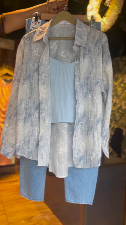 Women’s Light Blue Ribbed Tank Top with Floral Sheer Shirt and Denim Bermuda Shorts – Layered Summer Streetwear Look