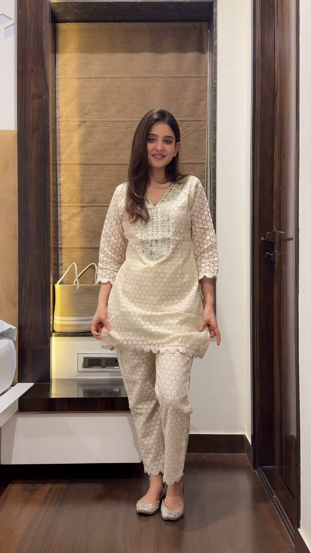 Women’s Beige Embroidered Kurta Pant Set with Geometric Pink-Green Motifs – Cultural Boutique Portrait Edit