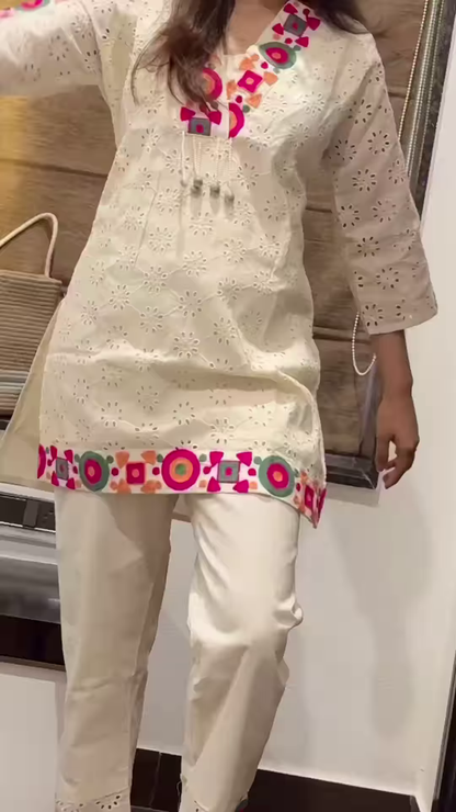 Women’s Beige Embroidered Kurta Pant Set with Geometric Pink-Green Motifs – Cultural Boutique Portrait Edit