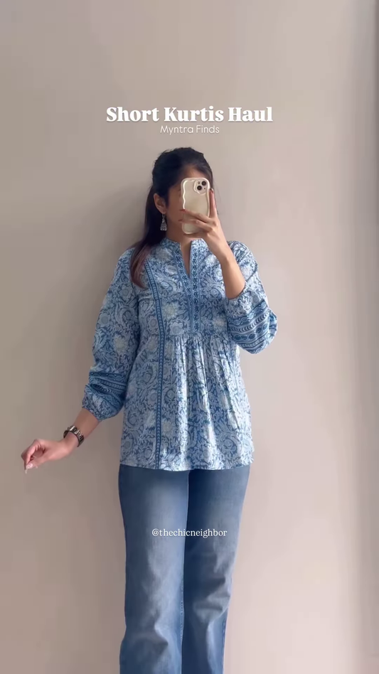 Women’s Black Short Kurti with White Threadwork & Light Blue Jeans – Casual Ethnic Streetwear Edit