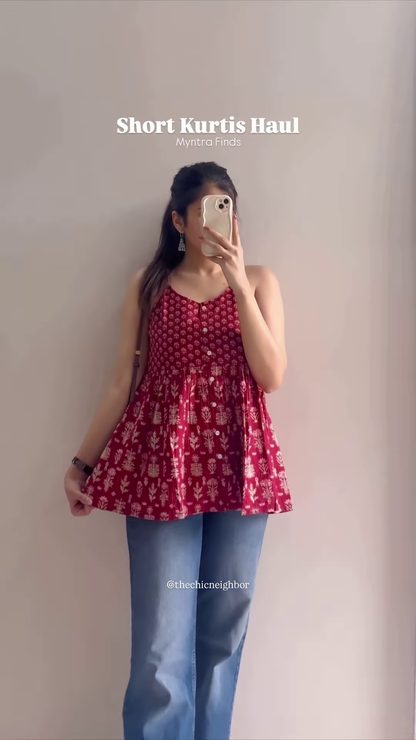 Women’s Black Short Kurti with White Threadwork & Light Blue Jeans – Casual Ethnic Streetwear Edit