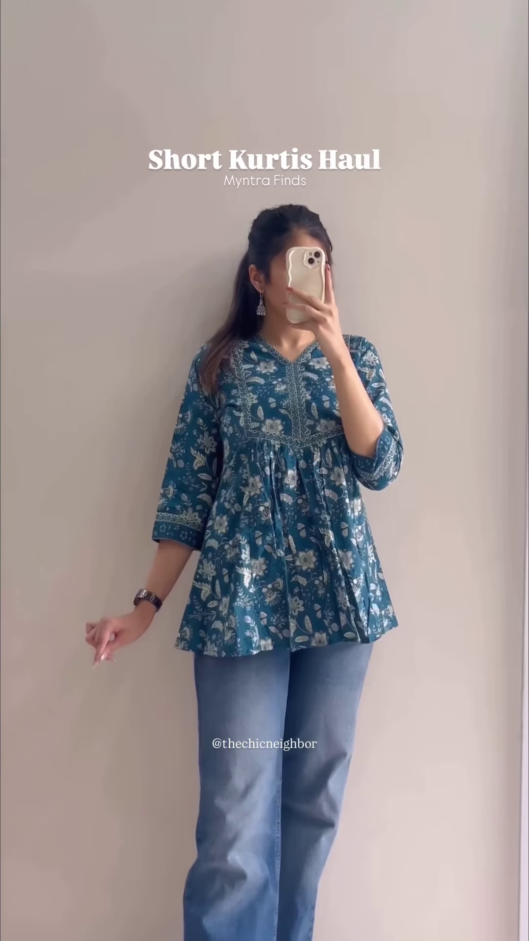 Women’s Black Short Kurti with White Threadwork & Light Blue Jeans – Casual Ethnic Streetwear Edit