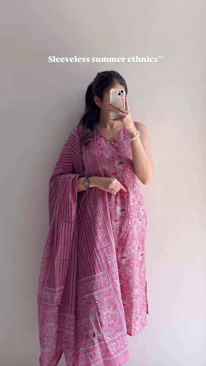 Women’s Sleeveless Light Blue Embroidered Kurta Pant Set with Dupatta – Elegant Summer Ethnicwear