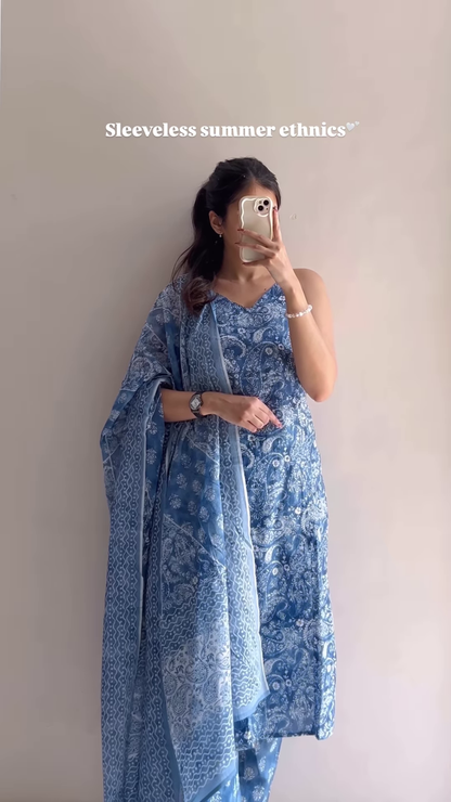 Women’s Sleeveless Light Blue Embroidered Kurta Pant Set with Dupatta – Elegant Summer Ethnicwear