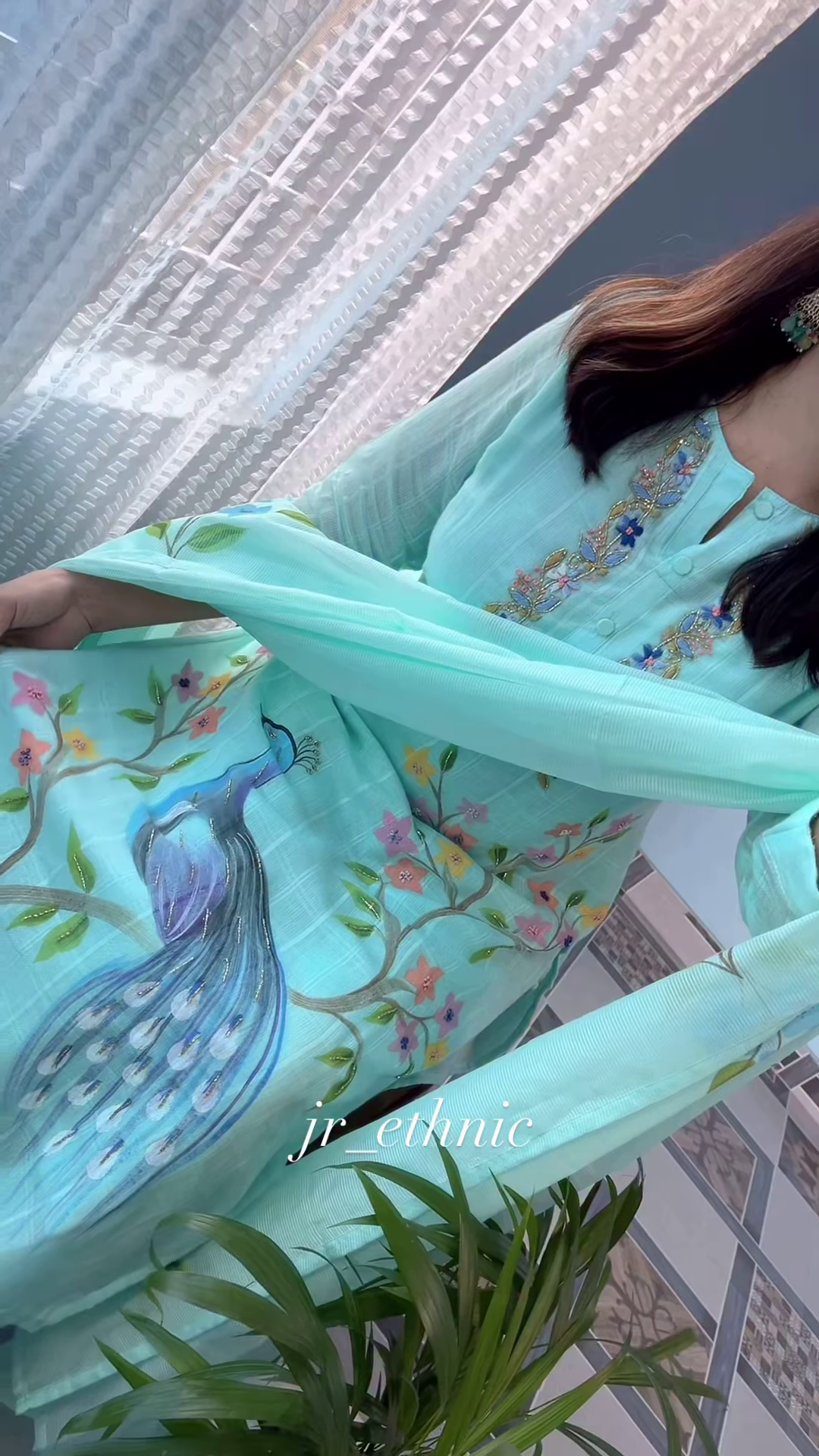 Women’s Light Blue Printed Kurta Churidar Dupatta Set with Floral & Peacock Motifs – Elegant Ethnicwear