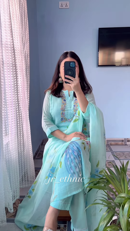 Women’s Light Blue Printed Kurta Churidar Dupatta Set with Floral & Peacock Motifs – Elegant Ethnicwear