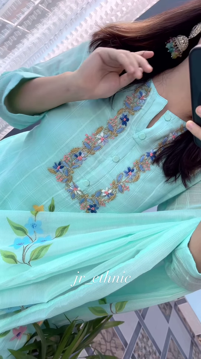 Women’s Light Blue Printed Kurta Churidar Dupatta Set with Floral & Peacock Motifs – Elegant Ethnicwear