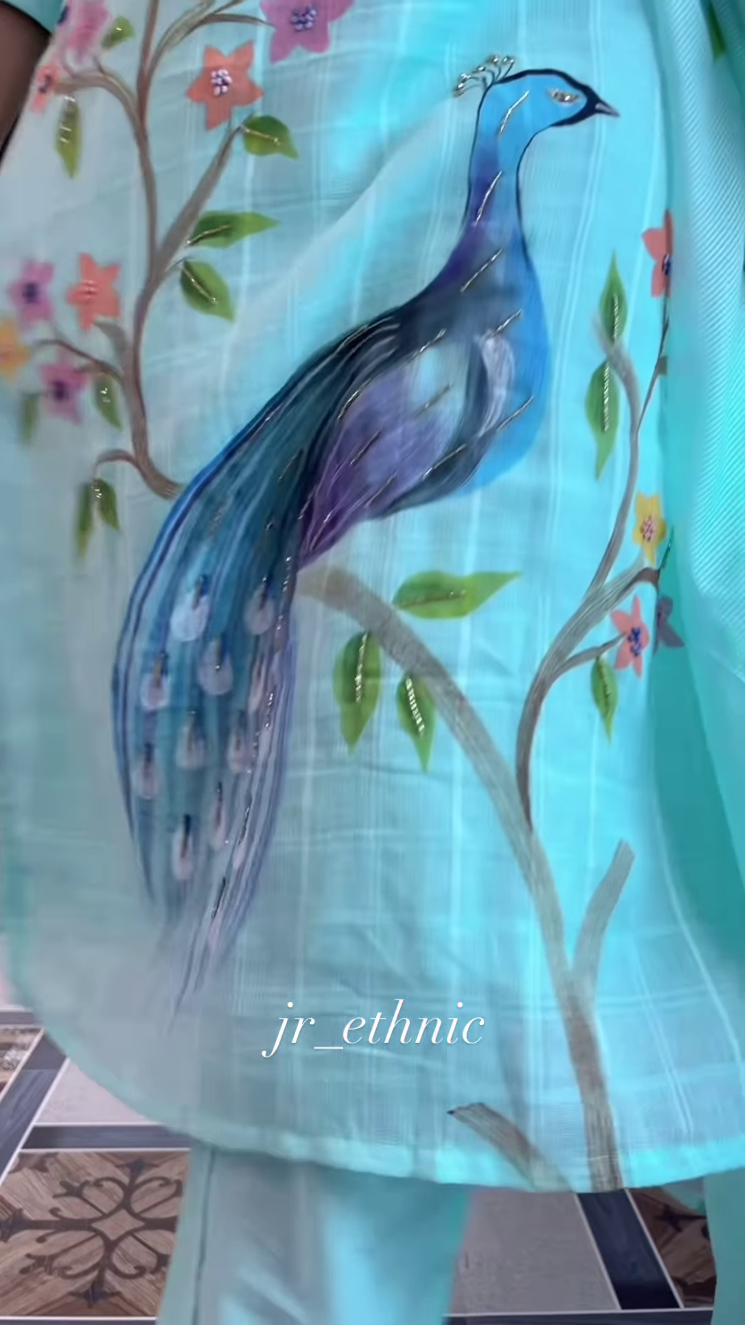 Women’s Light Blue Printed Kurta Churidar Dupatta Set with Floral & Peacock Motifs – Elegant Ethnicwear