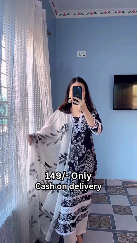 Women’s Black Floral Kurti with White Lace Accents