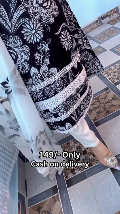 Women’s Black Floral Kurti with White Lace Accents