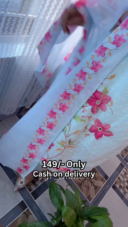 Women’s Light Blue Floral Printed Kurti with Matching Dupatta