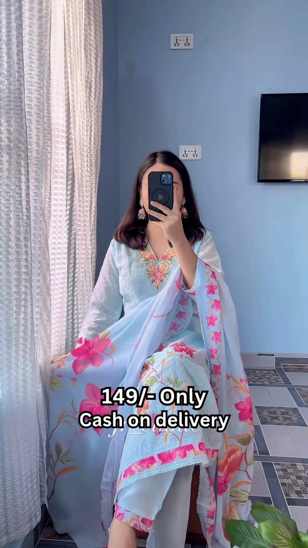 Women’s Light Blue Floral Printed Kurti with Matching Dupatta